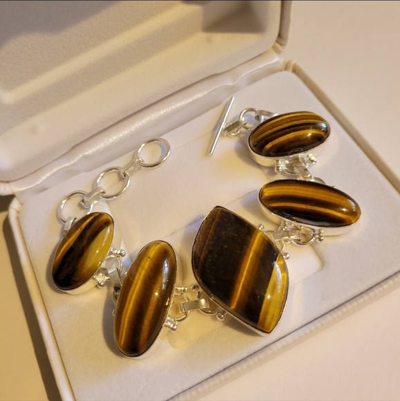 Natural Genuine Tiger's Eye 925 Silver Linked Bracelet - Picture 7 of 14